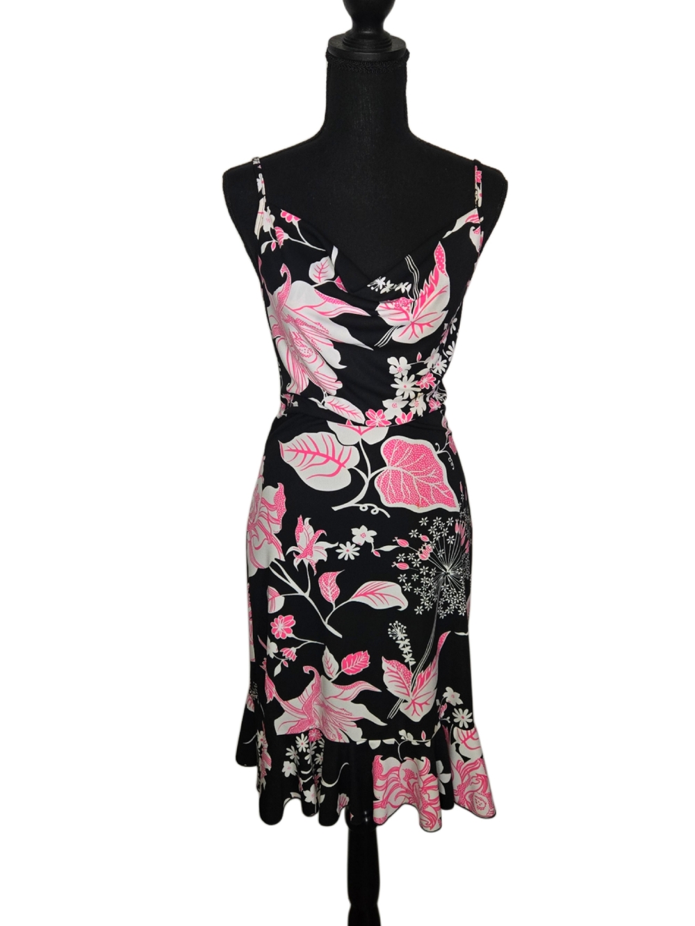 90s La Belle Black Floral Ruffle Dress with Pink and Cream Print!